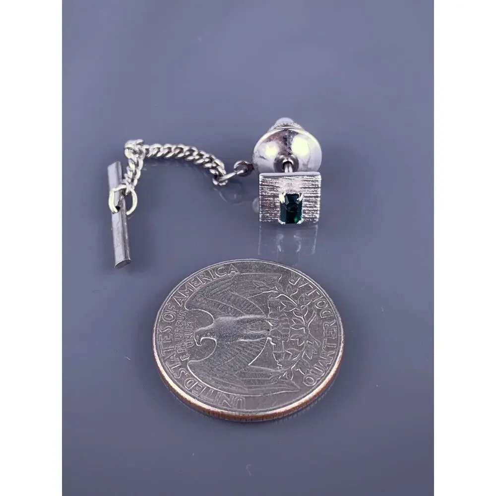 Green Rhinestone White Gold Plated Tie Tack Pin Square Rectangle Vintage